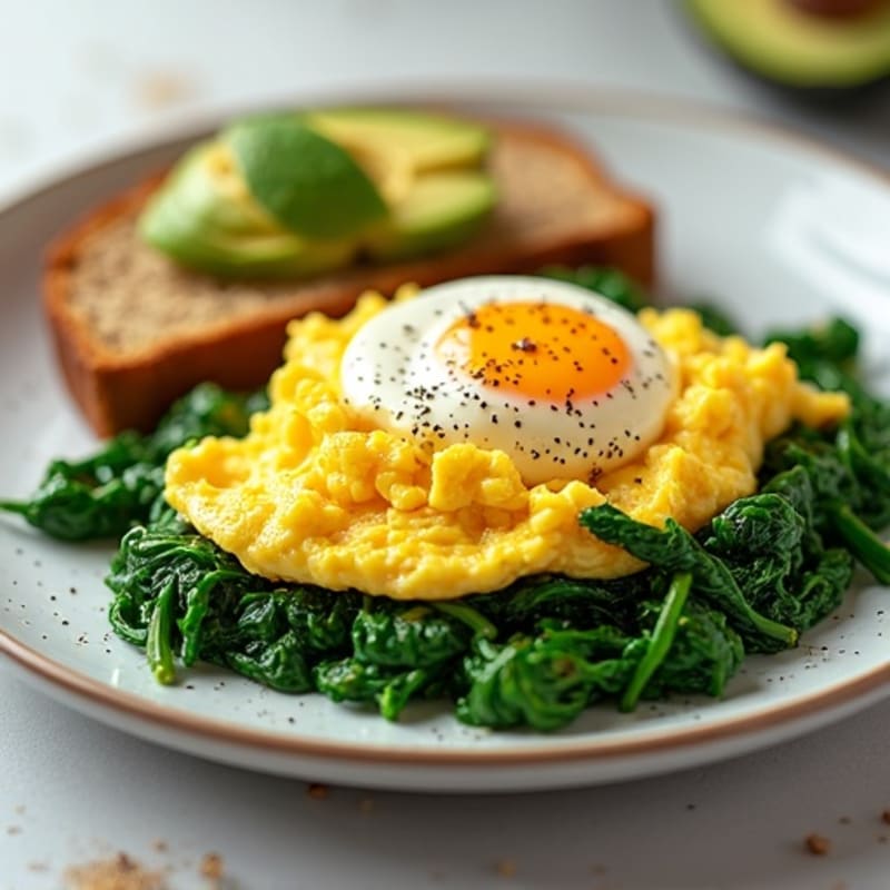 Scrambled Eggs with Cottage Cheese and Sautéed Spinach