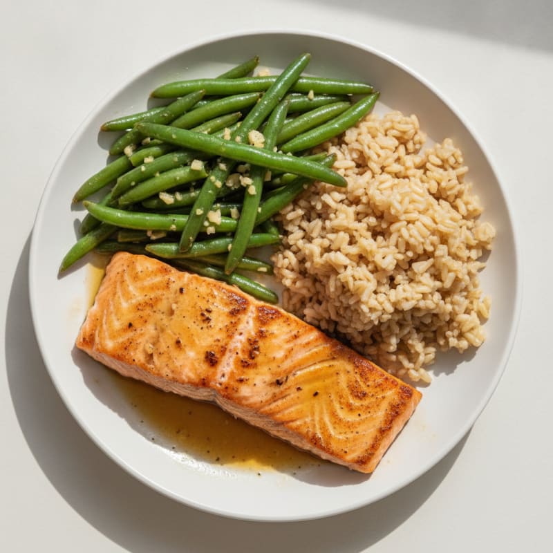 Seared Salmon with Garlic Green Beans and Brown Rice