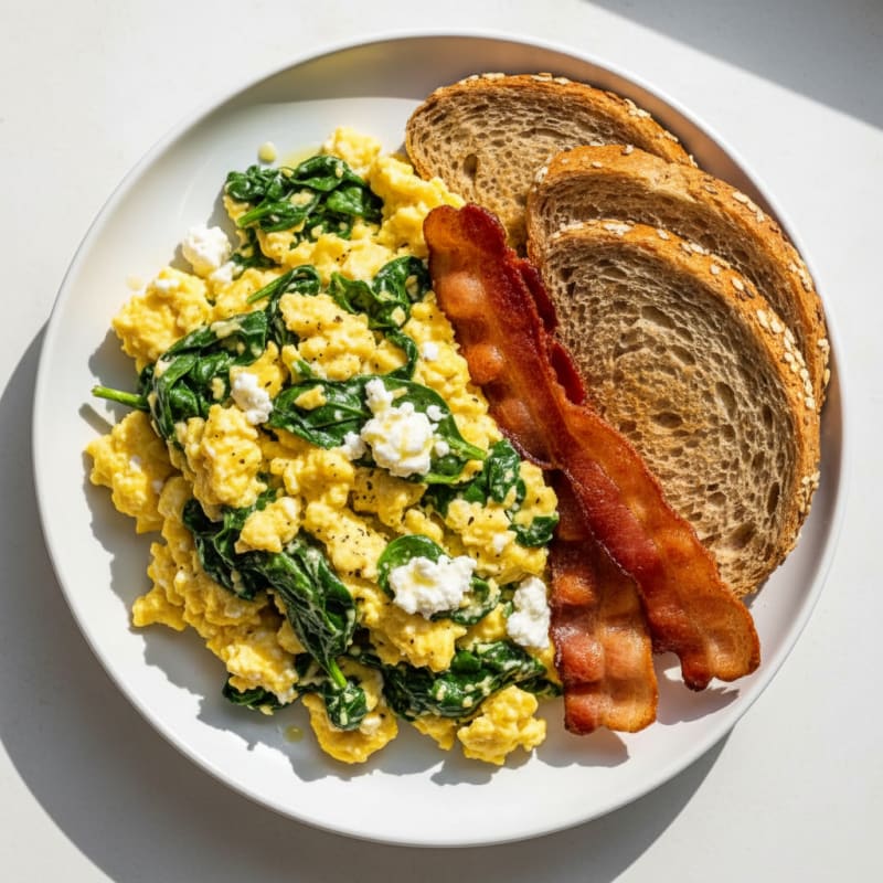 Cottage Cheese Egg Scramble with Spinach and Turkey Bacon