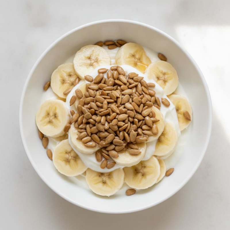 Protein Greek Yogurt Parfait with Sunflower Seeds and Sliced Banana