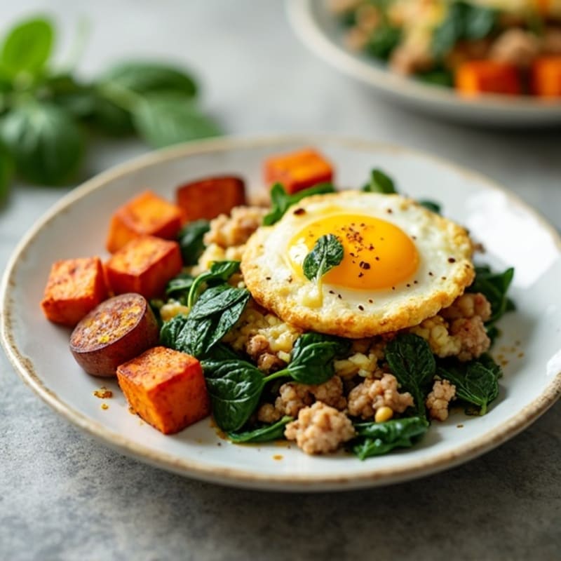 Egg White and Turkey Sausage Scramble with Spinach and Roasted Sweet Potato