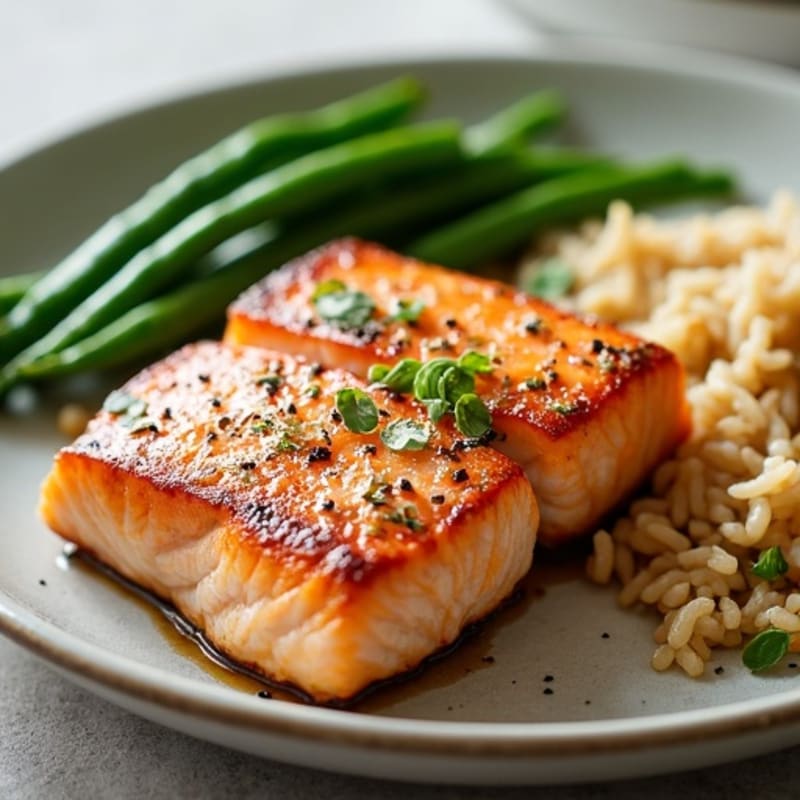 Seared Salmon with Garlic Green Beans and Brown Rice
