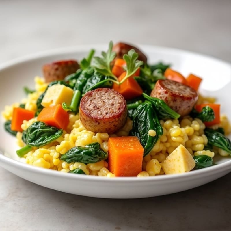 Egg White and Chicken Sausage Scramble with Sautéed Spinach and Sweet Potato