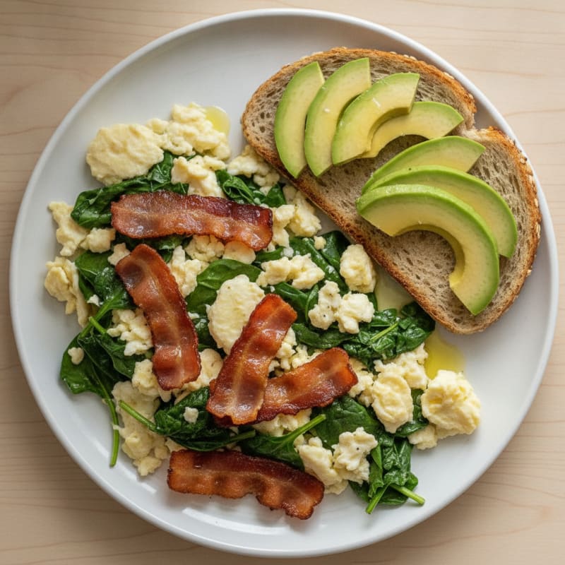 Crispy Turkey Bacon and Egg White Scramble with Spinach
