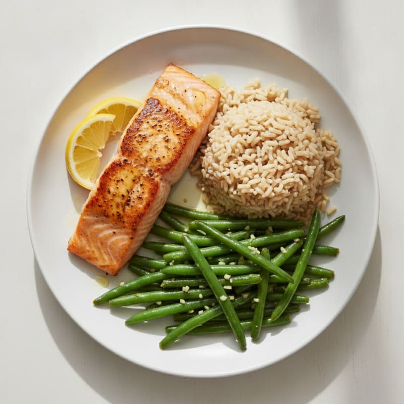 Seared Salmon with Garlic Green Beans and Brown Rice