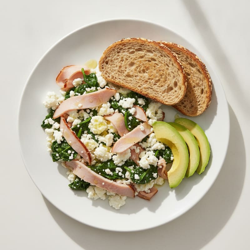 Cottage Cheese Egg White Scramble with Smoked Turkey and Spinach