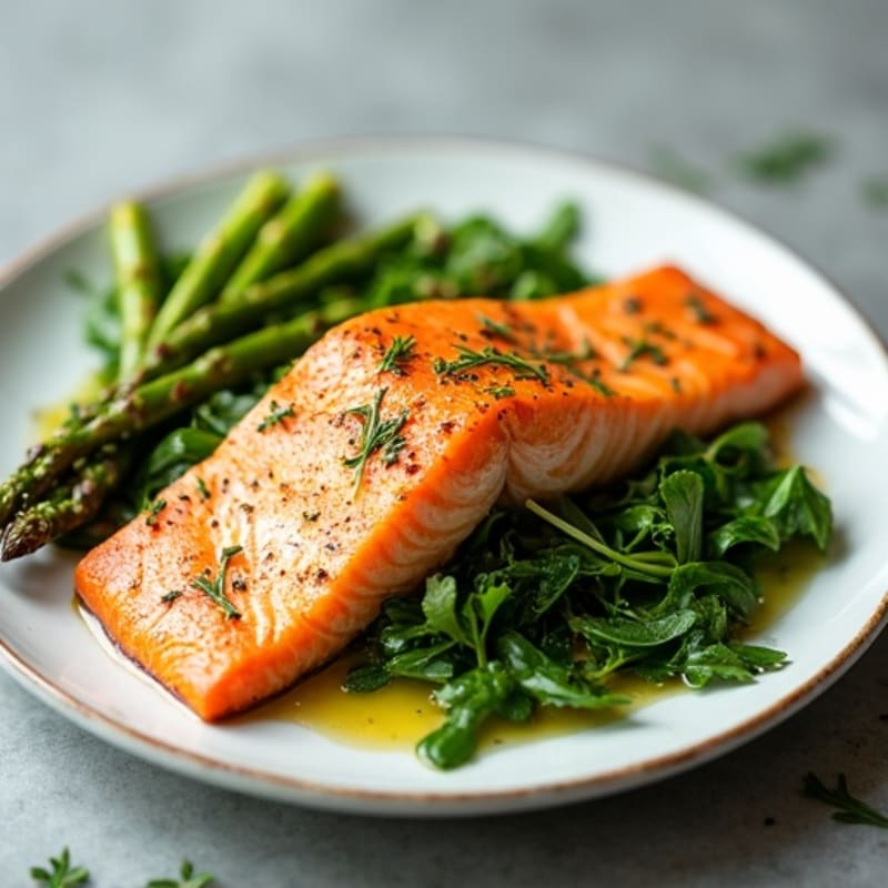 Crispy Lemon Herb Salmon with Fresh Greens and Roasted Asparagus