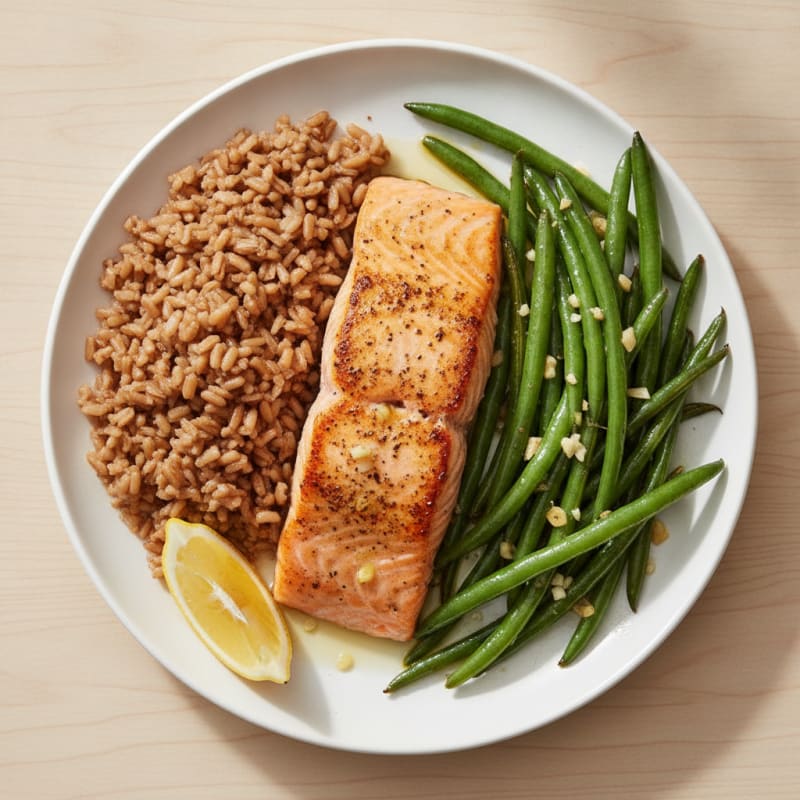 Seared Salmon Fillet with Garlic Green Beans and Brown Rice