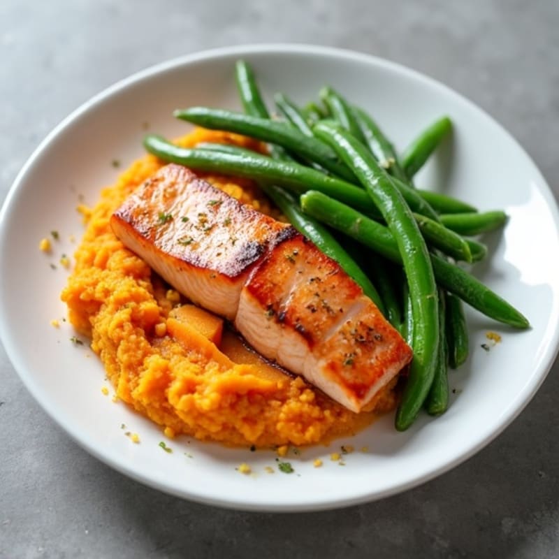 Seared Salmon with Garlic Green Beans and Sweet Potato Mash