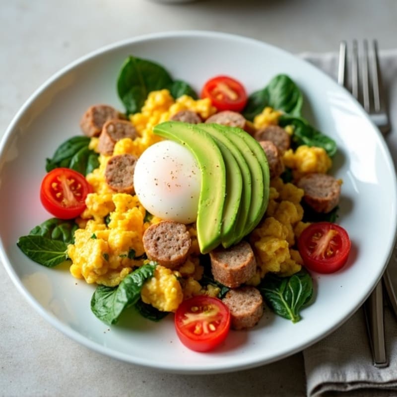 Egg White and Turkey Sausage Scramble with Spinach and Tomatoes