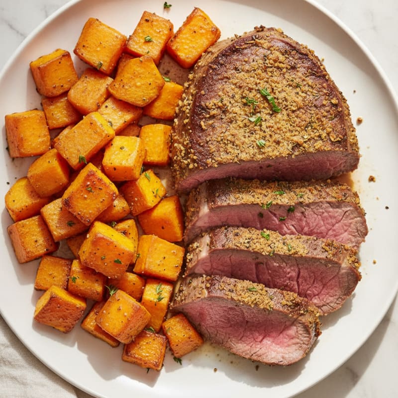 Herb-Crusted Beef Roast with Roasted Sweet Potatoes and Squash