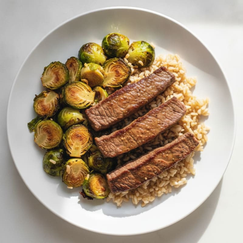 Seared Lean Beef Strips with Garlic Roasted Brussels Sprouts and Brown Rice