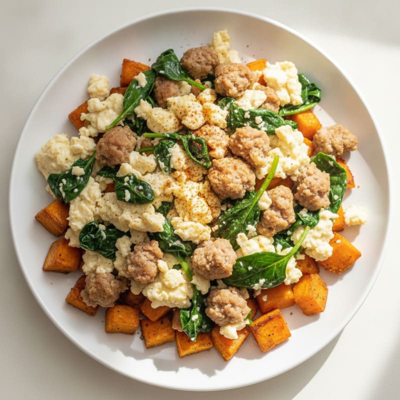 Egg White and Turkey Sausage Scramble with Spinach and Roasted Sweet Potato