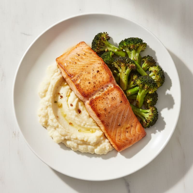 Seared Salmon Fillet with Roasted Broccoli and Garlic Mashed Cauliflower
