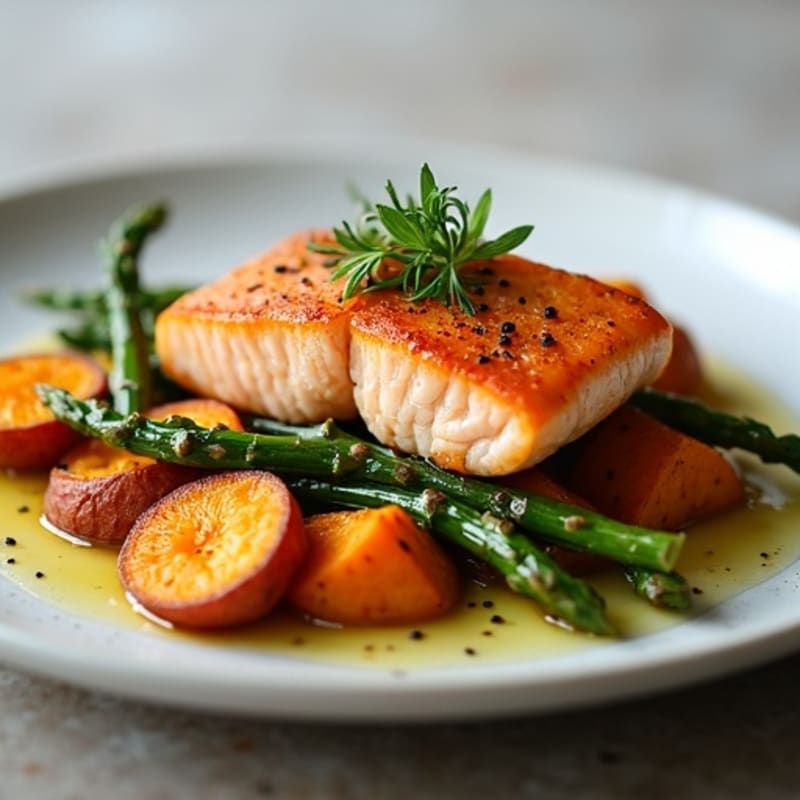 Seared Salmon with Roasted Sweet Potato and Asparagus
