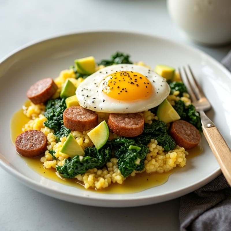 Egg White Scramble with Turkey Sausage and Sautéed Spinach