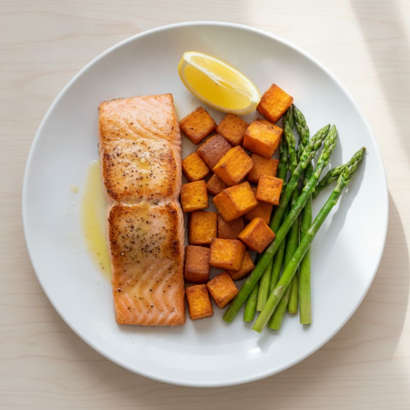 Seared Salmon with Roasted Sweet Potato and Asparagus