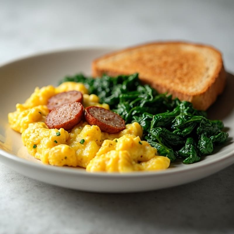 Egg White and Turkey Sausage Scramble with Sautéed Spinach