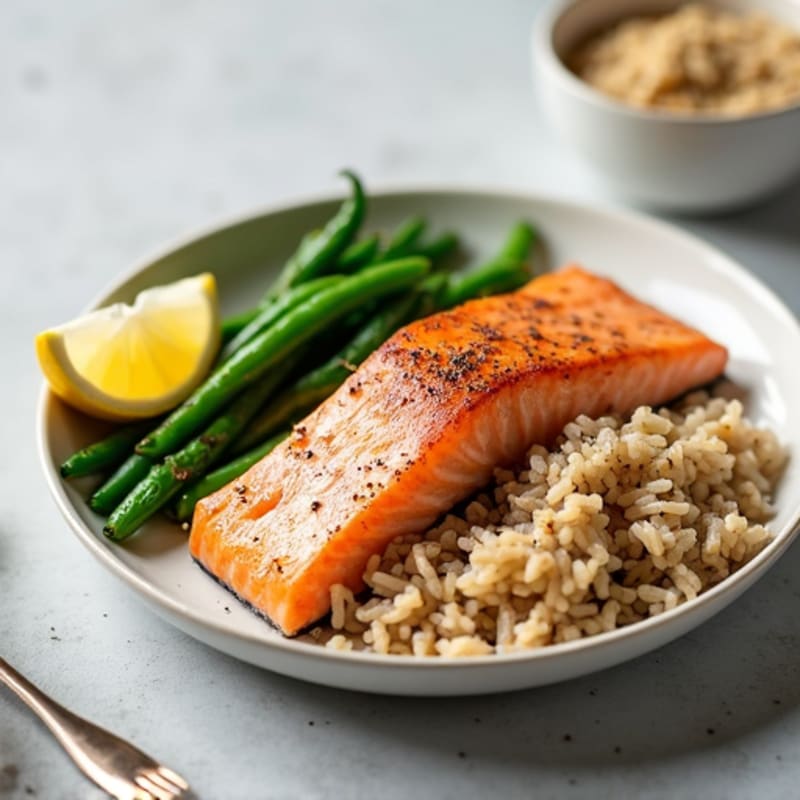 Seared Salmon with Steamed Green Beans and Brown Rice