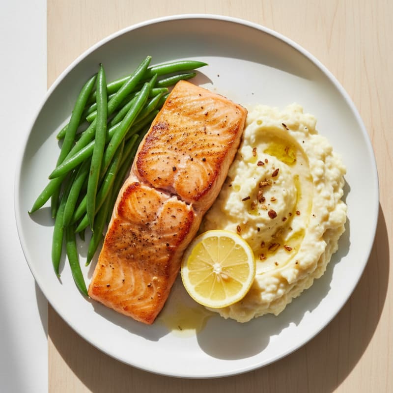 Seared Salmon with Steamed Green Beans and Garlic Mashed Cauliflower