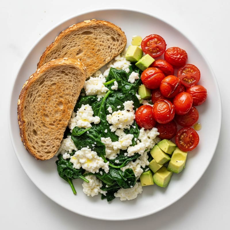 Egg White and Spinach Scramble with Cottage Cheese and Cherry Tomatoes