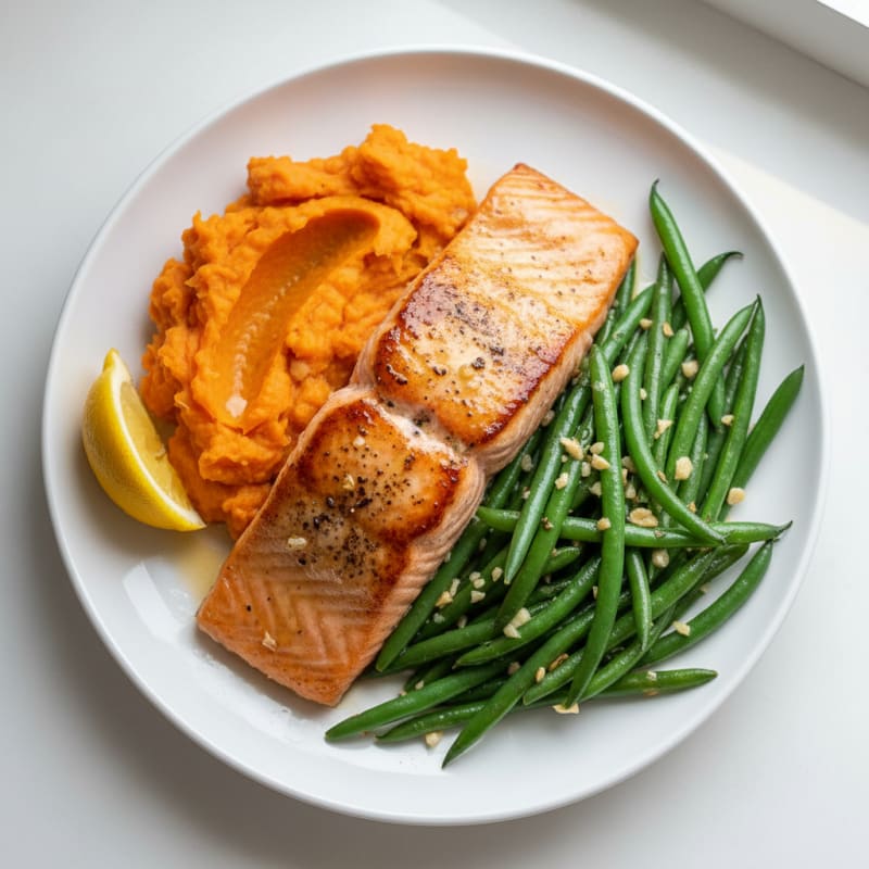 Seared Salmon with Garlic Green Beans and Sweet Potato Mash