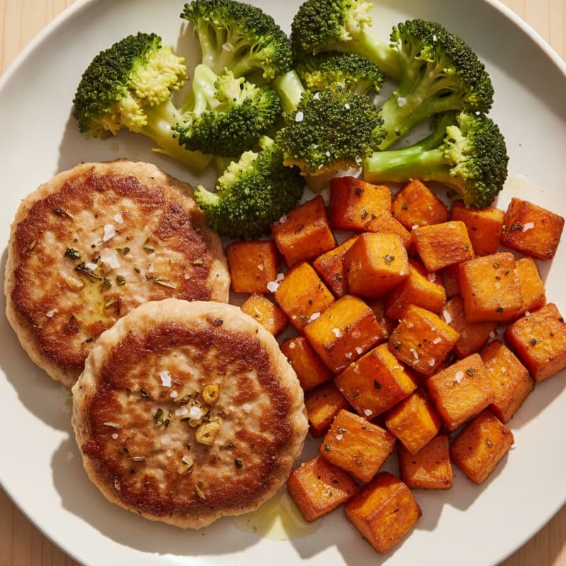 Seared Turkey Patties with Roasted Sweet Potato and Steamed Broccoli