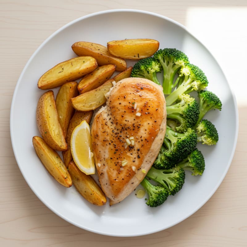 Roasted Chicken Breast with Crispy Potatoes and Steamed Broccoli