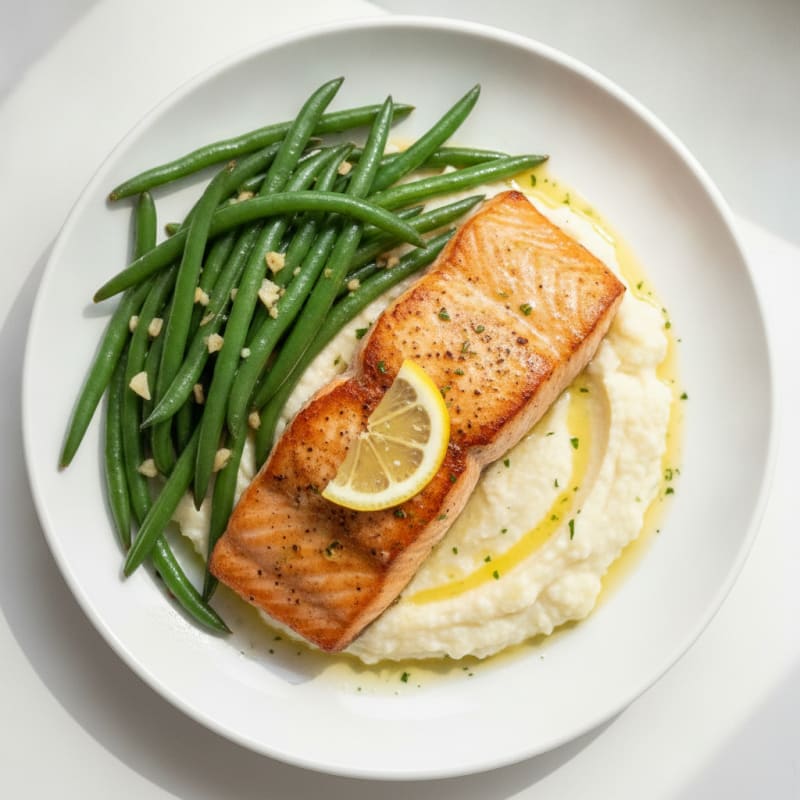 Seared Salmon with Garlic Green Beans and Cauliflower Mash