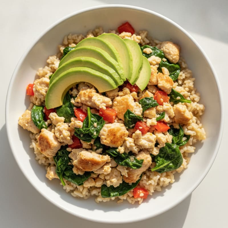 Egg White and Chicken Veggie Scramble with Brown Rice