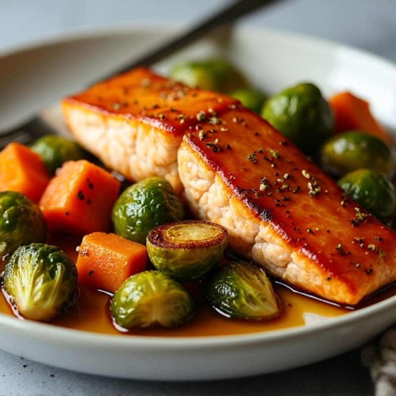 Sheet Pan Maple-Glazed Salmon with Roasted Brussels Sprouts and Sweet Potatoes