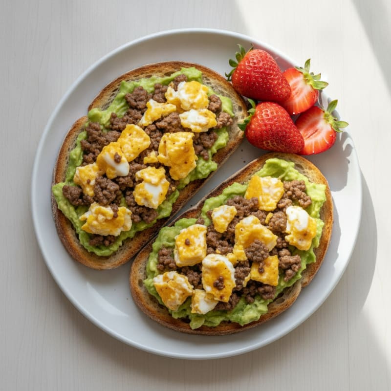 Egg and Smashed Avocado Sourdough Toast with Fresh Strawberries