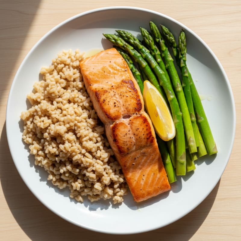 Seared Salmon with Steamed Asparagus and Brown Rice