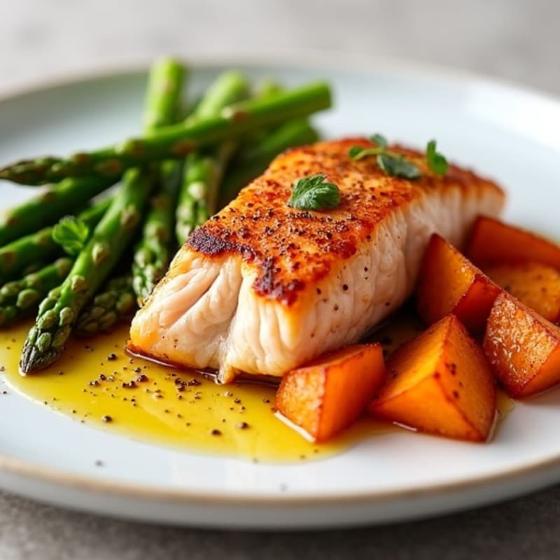 Seared Salmon Fillet with Roasted Sweet Potato and Asparagus