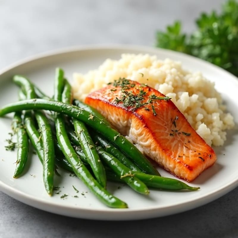Seared Salmon Fillet with Garlic Green Beans and Cauliflower Rice