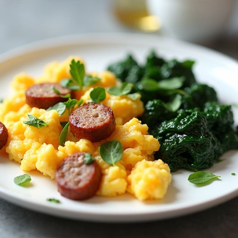 Egg White and Turkey Sausage Scramble with Sautéed Spinach
