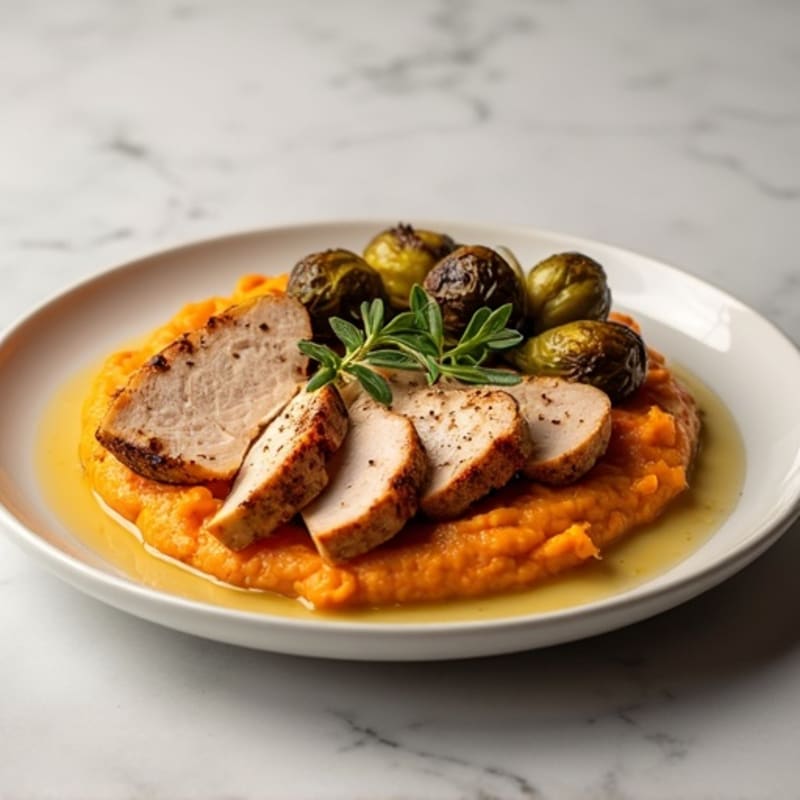 Seared Turkey Breast with Roasted Brussels Sprouts and Sweet Potato Mash