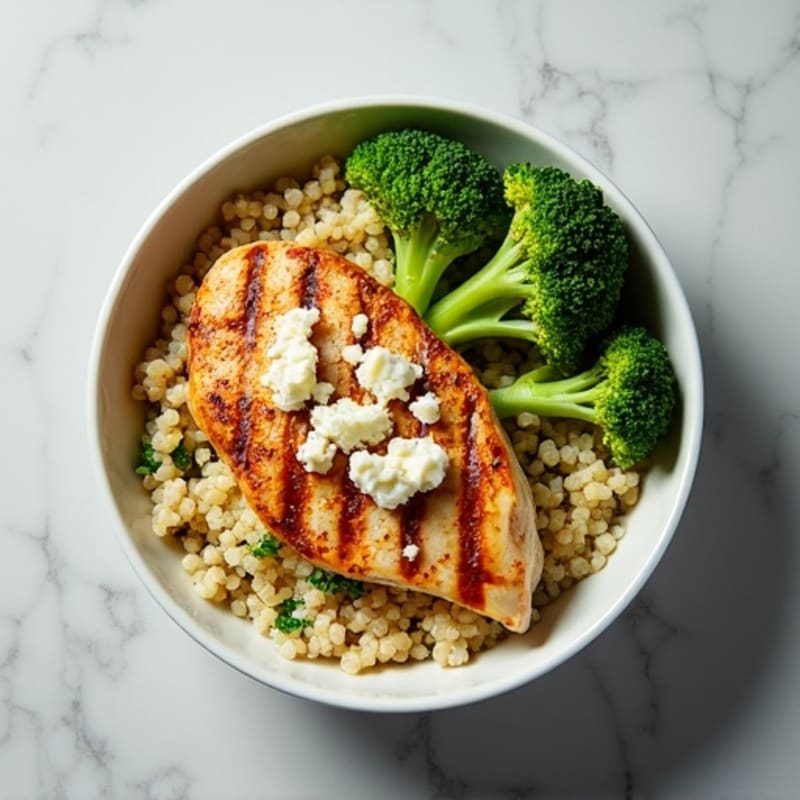 Grilled Chicken and Quinoa Bowl with Roasted Broccoli and Feta