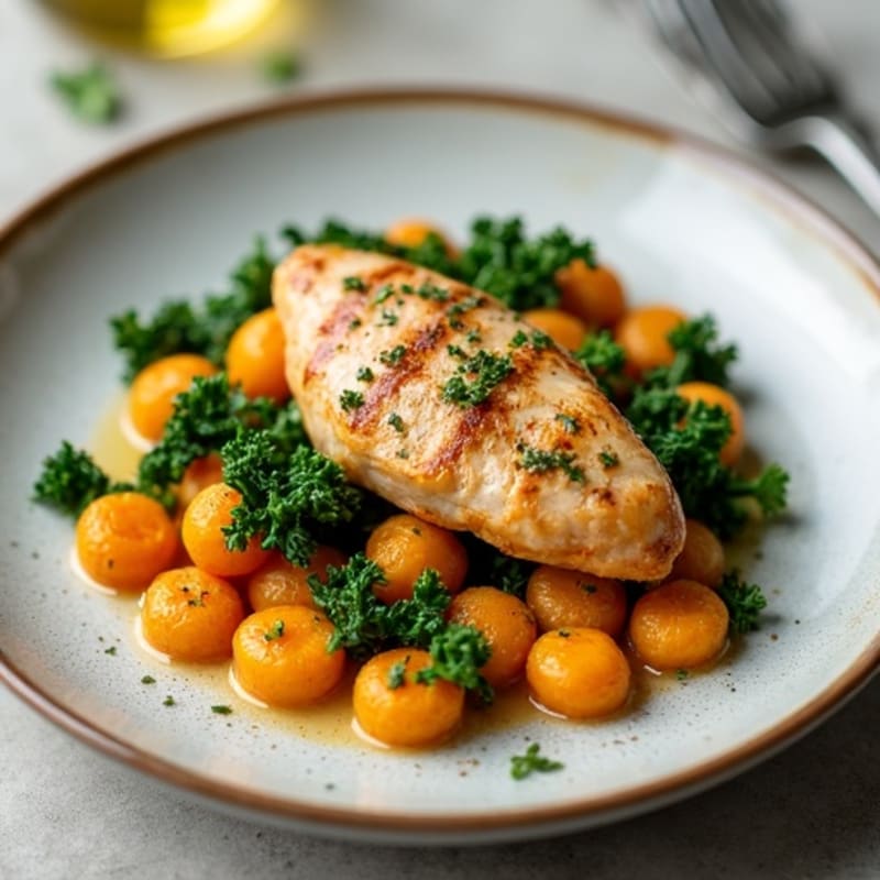 Sweet Potato Gnocchi with Pan-Seared Chicken and Garlicky Greens