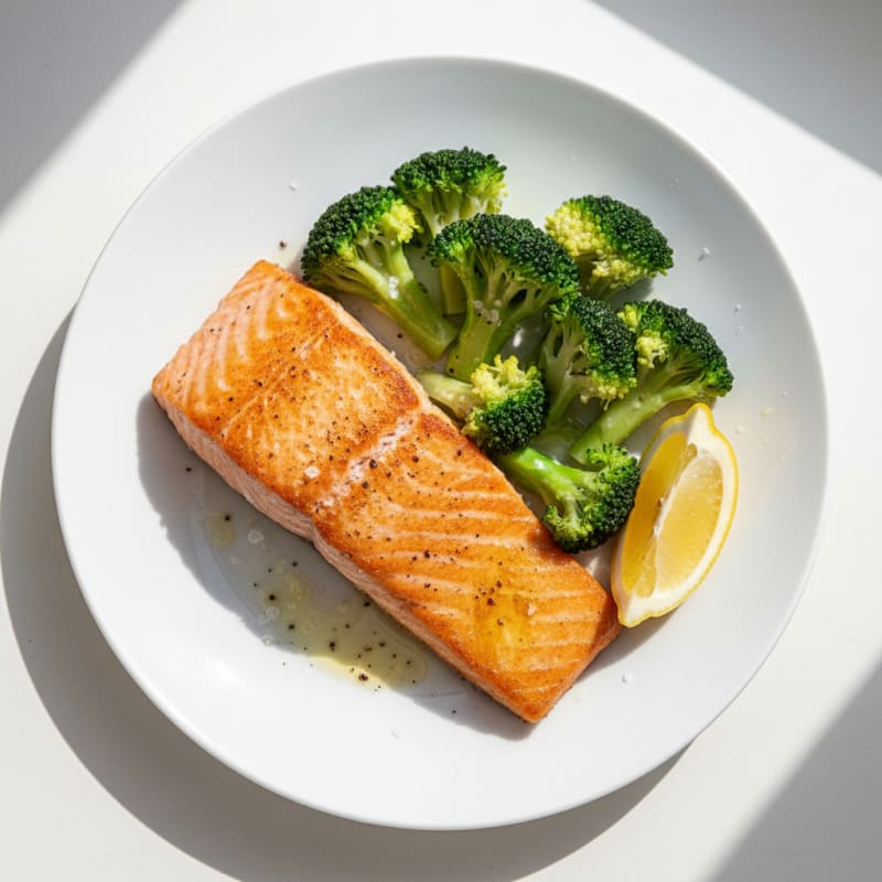 Seared Salmon with Steamed Broccoli and Lemon