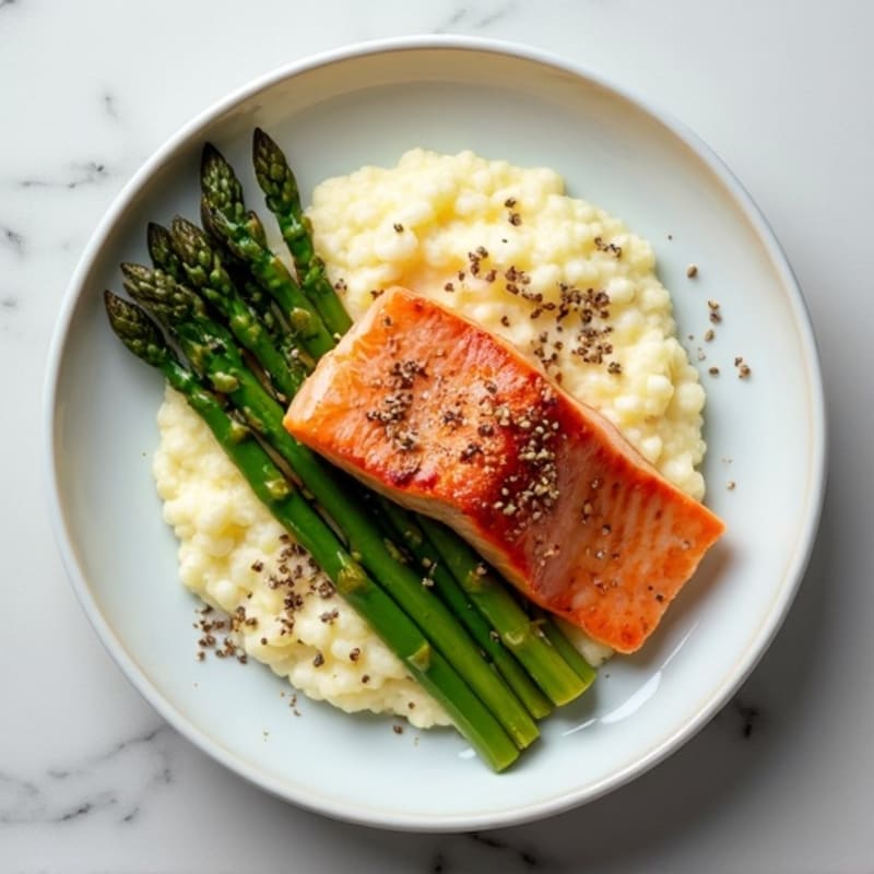 Seared Salmon with Steamed Asparagus and Cauliflower Mash
