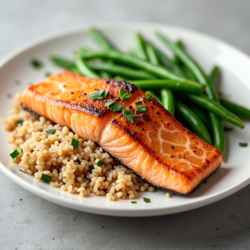 Seared Salmon Filet with Garlic Green Beans and Brown Rice