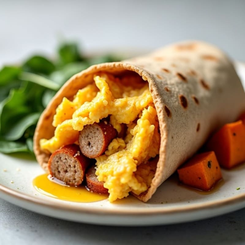 Lean Turkey Sausage and Scrambled Egg Burrito with Roasted Sweet Potatoes