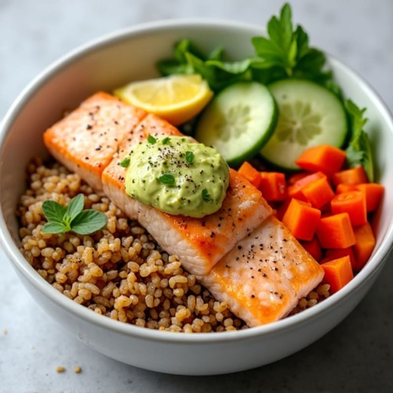 Salmon Brown Rice Bowl with Fresh Vegetables and Creamy Avocado