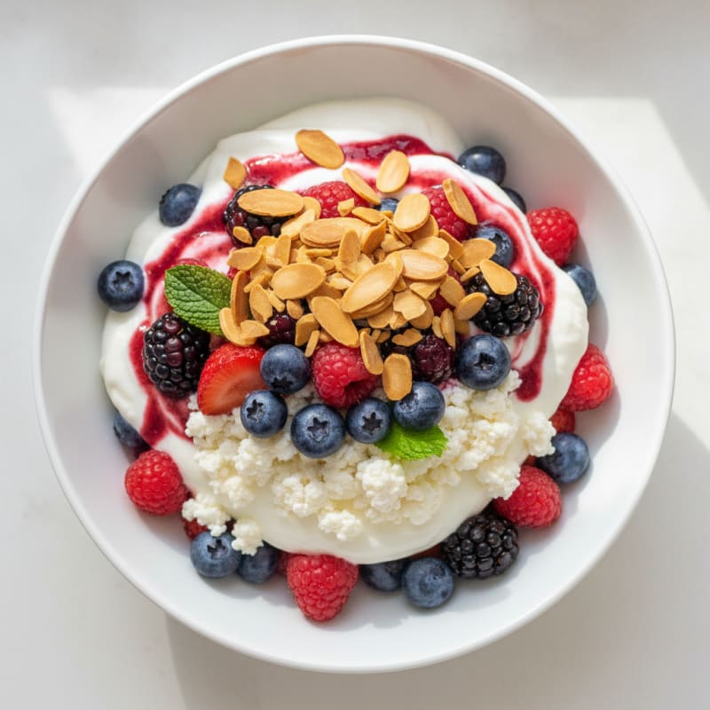 Greek Yogurt Protein Parfait with Mixed Fruit and Almonds