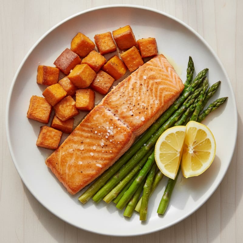 Seared Salmon with Roasted Sweet Potato and Asparagus