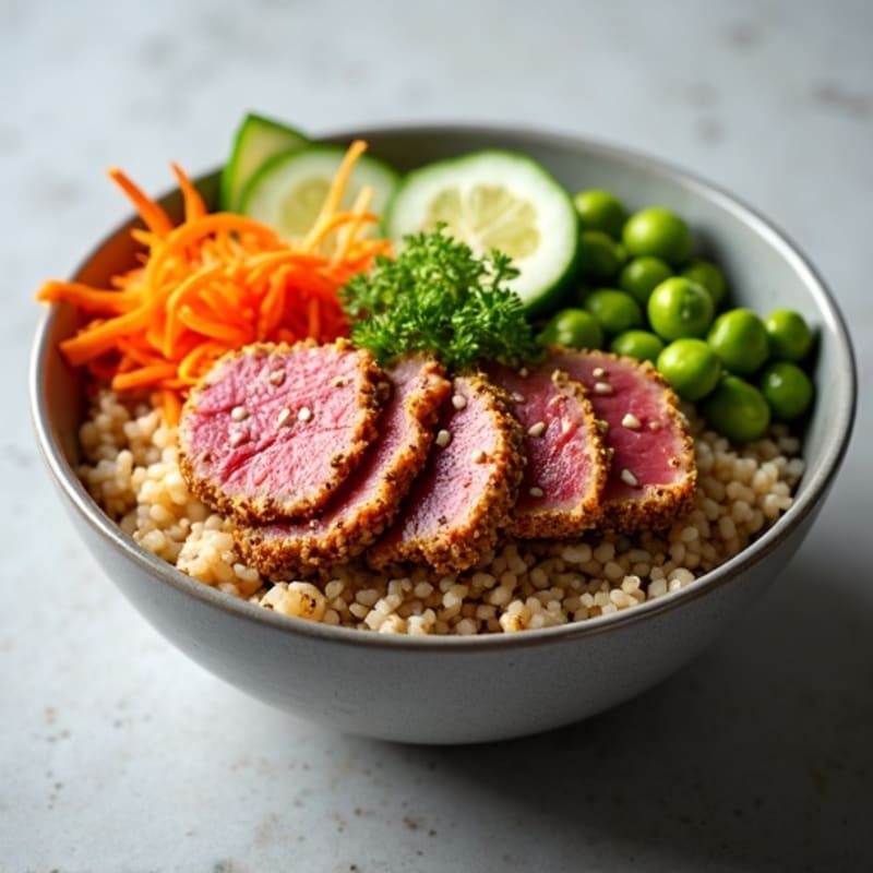 Sesame-Crusted Tuna Rice Bowl with Fresh Vegetables