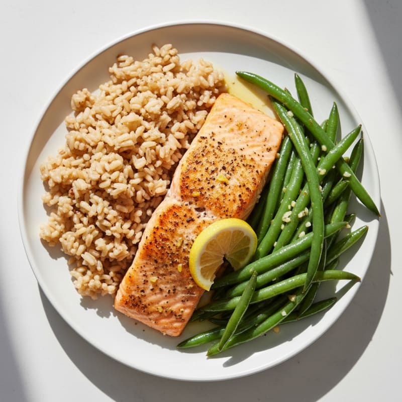 Seared Salmon Fillet with Garlic Green Beans and Brown Rice
