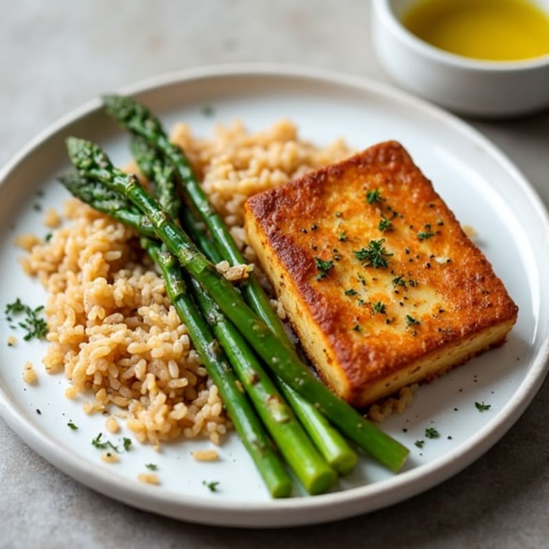 Crispy Baked Tofu with Roasted Asparagus and Brown Rice