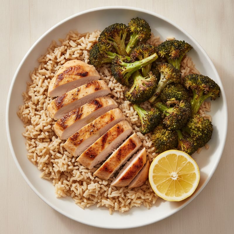 Grilled Chicken and Brown Rice Bowl with Roasted Broccoli